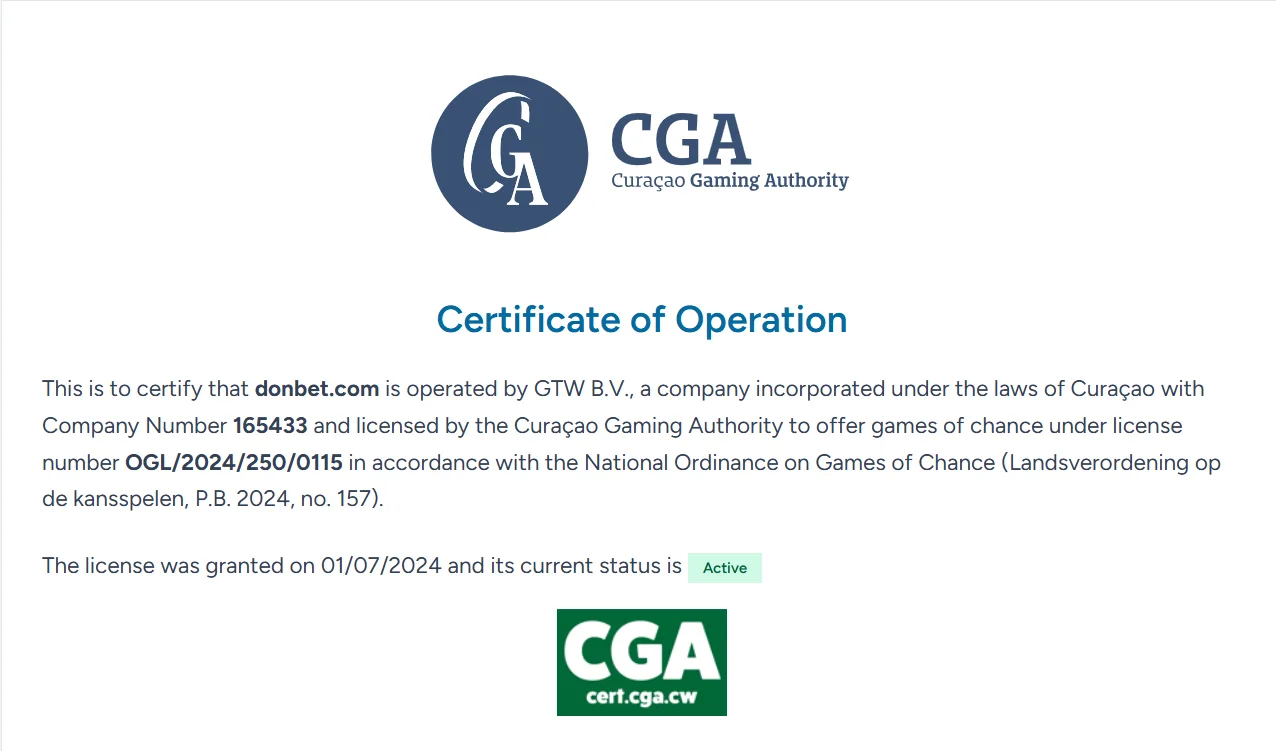 Curaçao Gaming Authority certificate for donbet.com and GTW B.V.