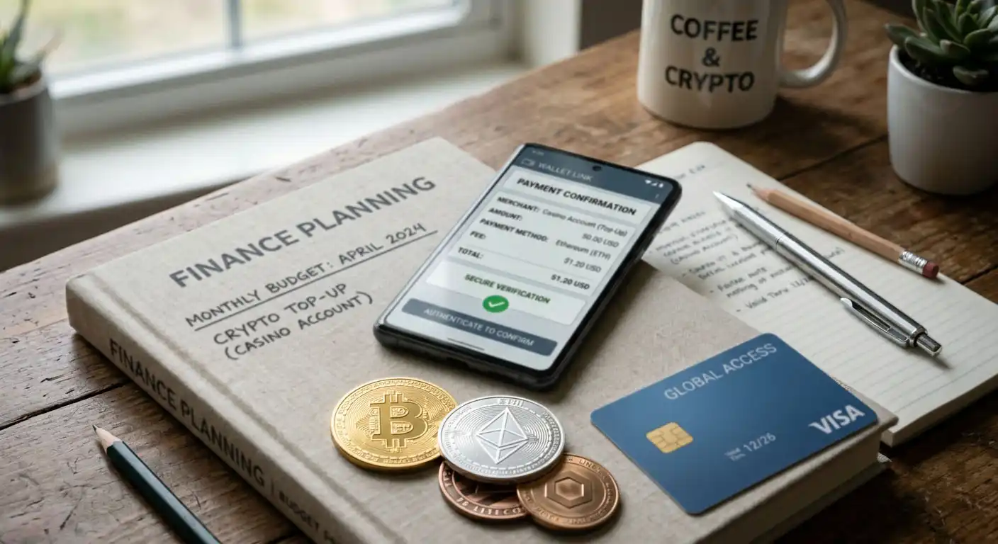 Editorial illustration of cryptocurrency payment choices for an online casino account