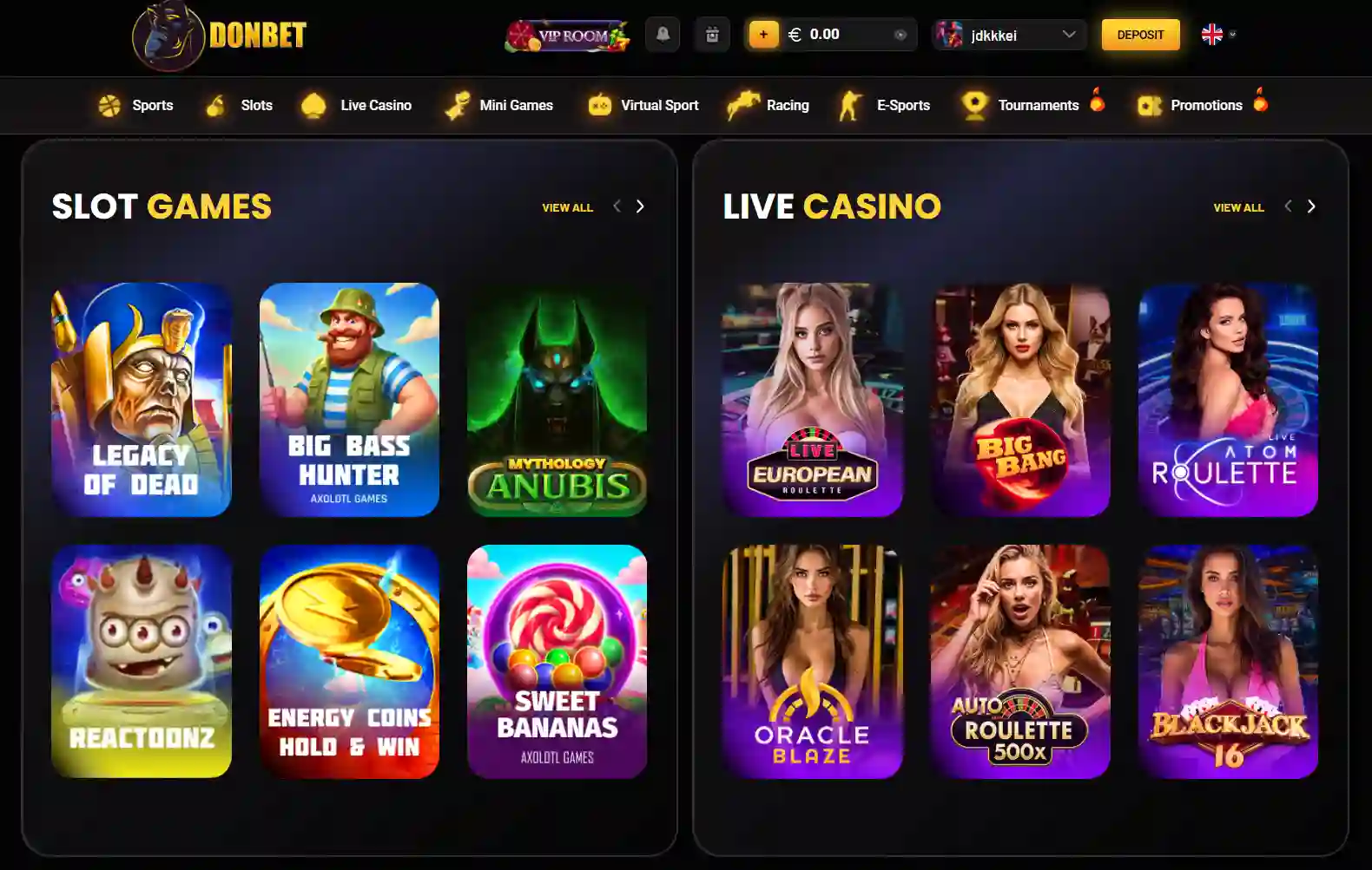 Donbet official homepage and casino interface