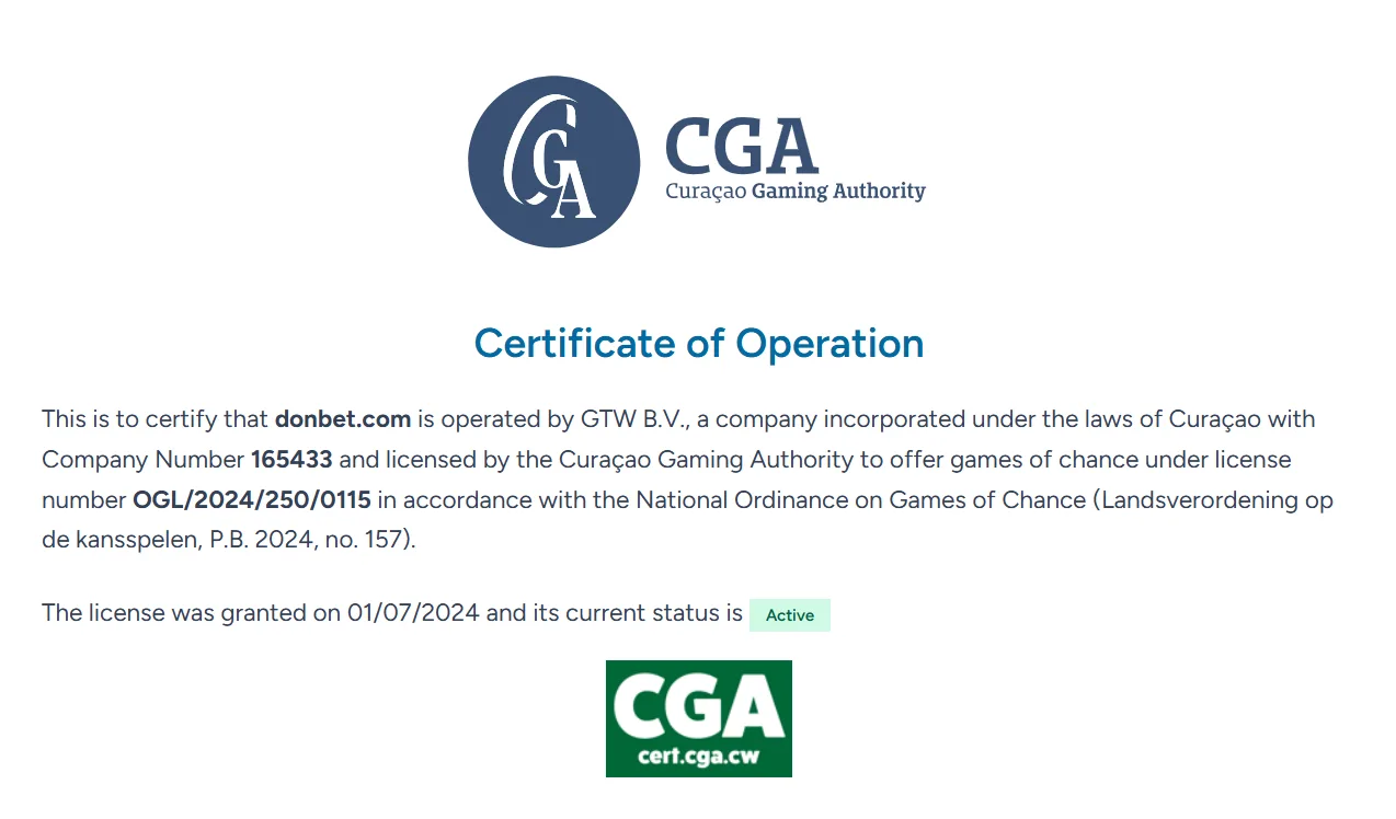 Curaçao Gaming Authority certificate for the Donbet domain